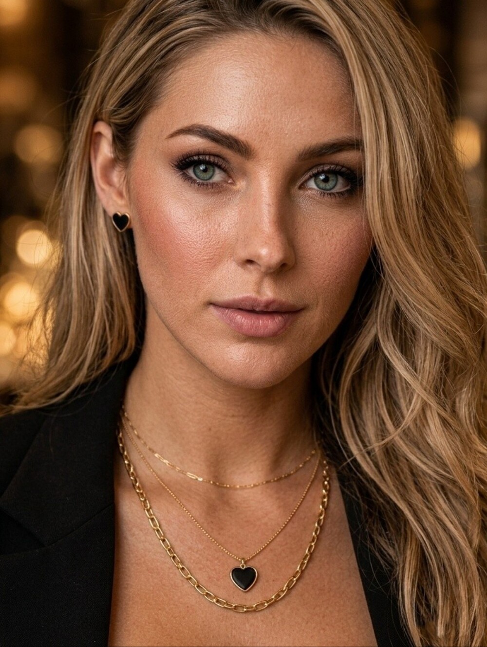 18k Gold Plated SS Black Enamel Heart Triple Layer Necklace and Earring Set
